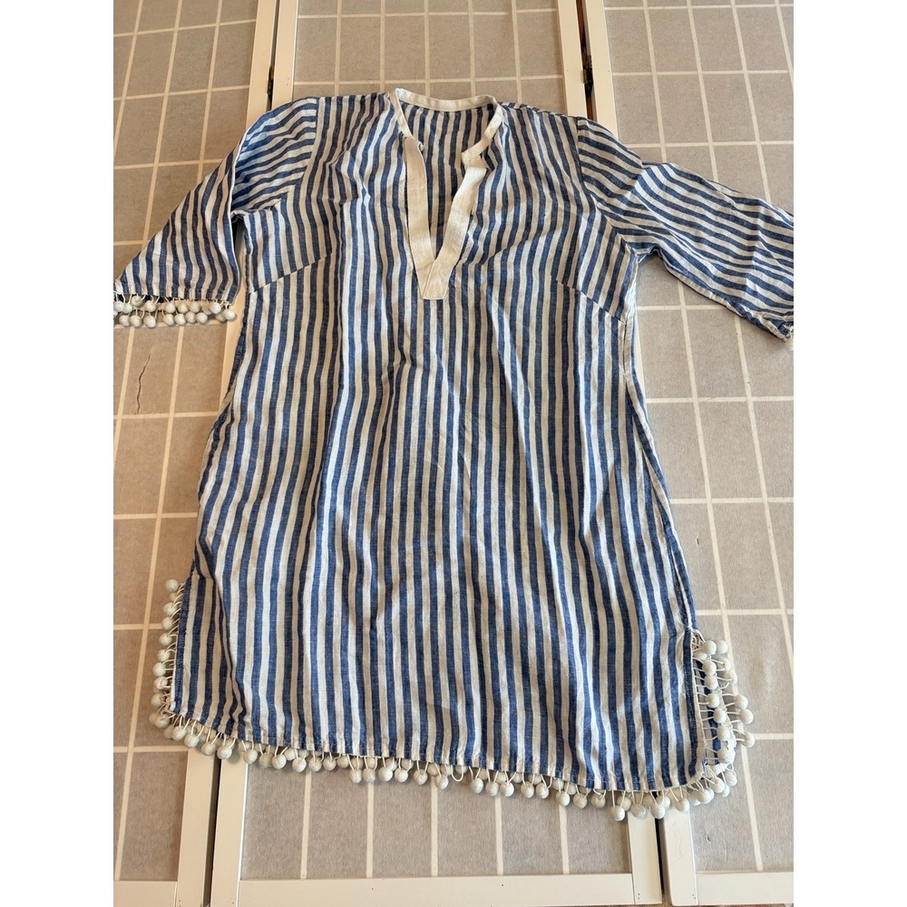 100% Linen Blue Striped Kaftan/ Tunic Nautical Coastal Grandma USA Niche Brand